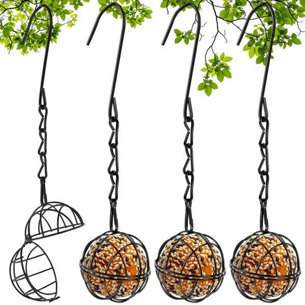 4 Pack Suet Ball Bird Feeder Set Metal Bird Feeding Station Kit with Hanging Carousel 1
