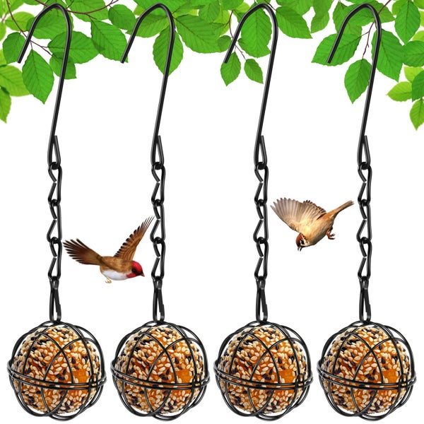 4 Pack Suet Ball Bird Feeder Set Metal Bird Feeding Station Kit with Hanging Carousel 2