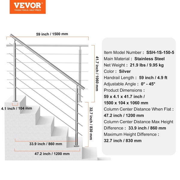 Vevor 59In Handrails For Outdoor Steps Crossbars Staircase Porch Deck White Carousel 2
