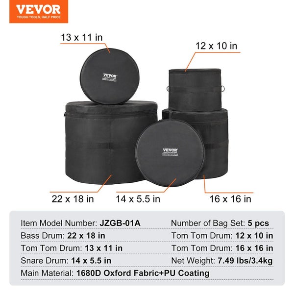 Vevor 5-Piece Drum Bag Set, 1680D Oxford Fabric, Padded Bags And Cases With 4.92 Carousel 2