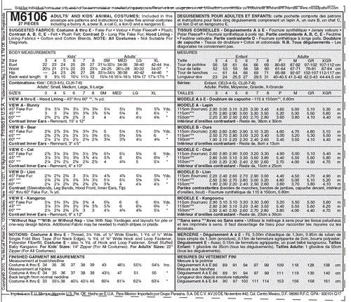 McCalls Pattern 6106 Adults'/Kids' Animal Costumes SML Carousel 2