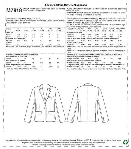 McCalls Pattern 7818 Unisex Jacket S-M-L Carousel 2