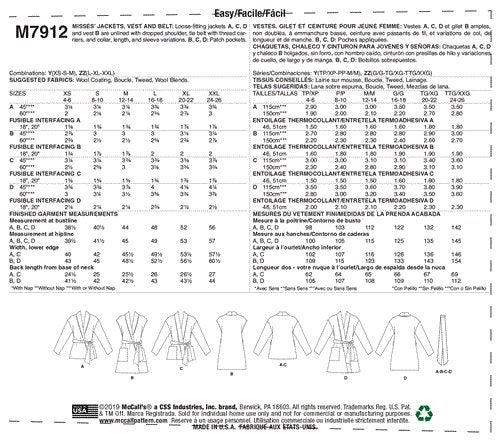 McCalls Pattern 7912 Misses' Jackets Vest and Belt Y (XS-S-M) Carousel 2