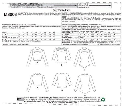 McCalls Pattern 8003 Misses' Tops 14-16-18-20-22 Carousel 2