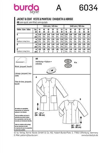 Burda Pattern 6034 Misses' Coat and Jacket A (18-20-22-24-26-28 (44-46-48-50-52 Carousel 2