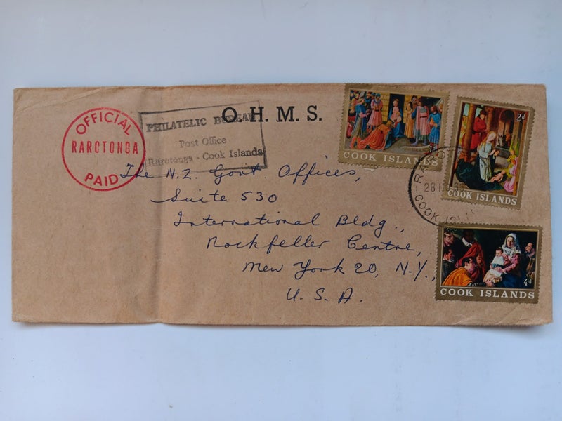 COOK ISLANDS OHMS BROWN MANILLA ENVELOPE TO NZ GOVT OFFICE, NEW YORK, USA. Carousel 1
