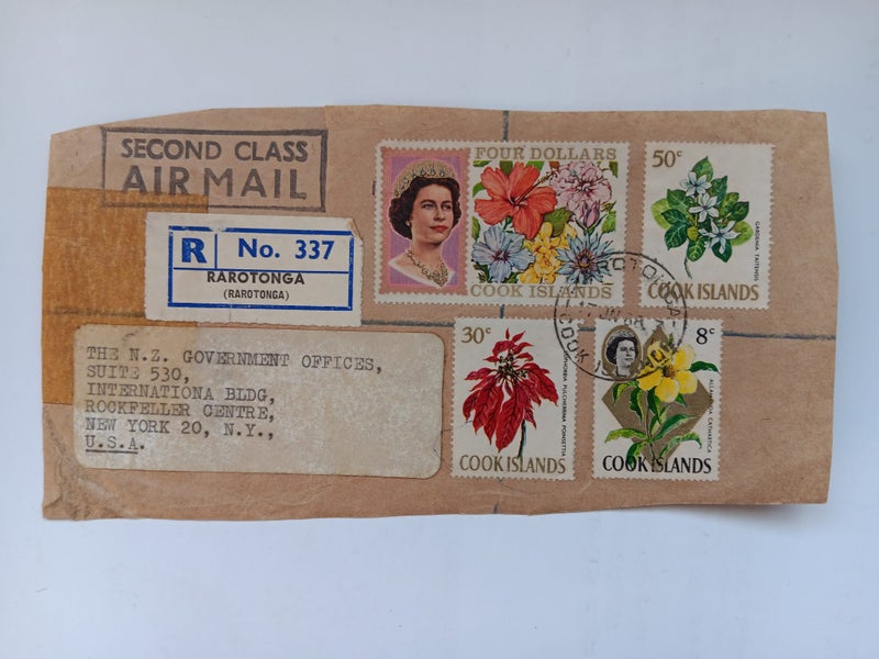 COOK ISLANDS REGISTERED MAIL 'ON A PIECE' TO NZ GOVT OFFICE, NEW YORK, USA. Carousel 1