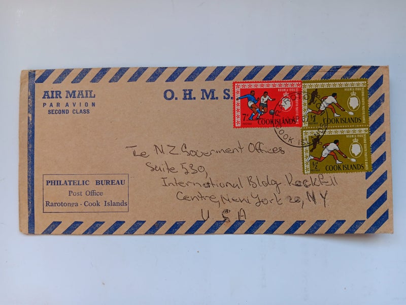 COOK ISLANDS AIRMAIL OHMS BROWN ENVELOPE TO NZ GOVT OFFICES NEW YORK USA . Carousel 1