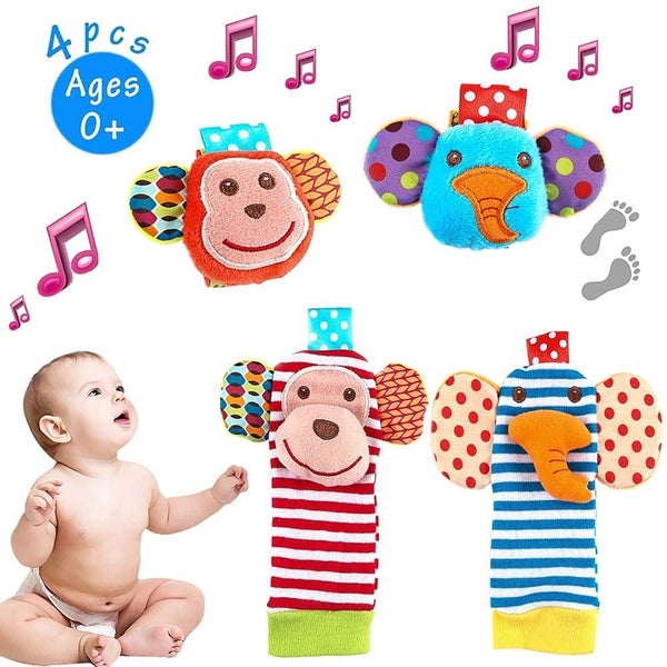 4 Pack Baby Socks Toys, Baby Feet and Fingers Socks Set, Design with Monkey a Carousel 1