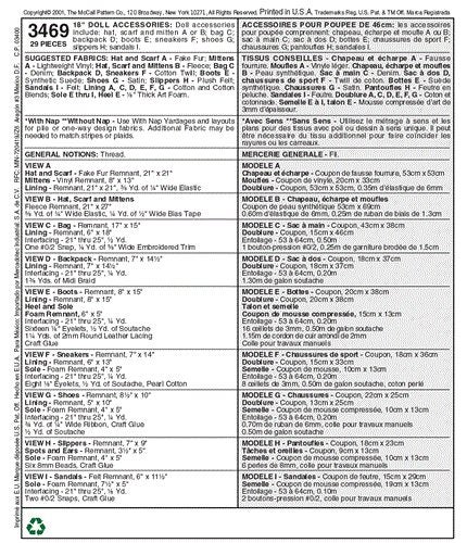 McCalls Pattern 3469 18" Doll Accessories One Size Only Carousel 2