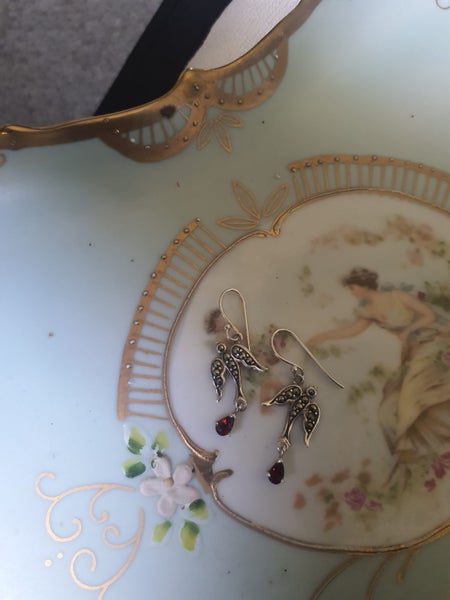 PARDON? $1RES STERLING SWALLOWS DANGLING RUBY EARRINGS Carousel 5