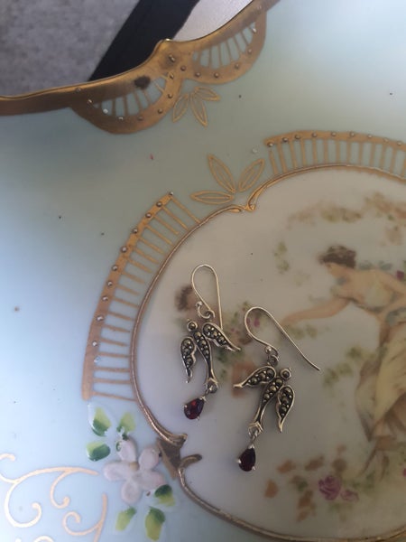 PARDON? $1RES STERLING SWALLOWS DANGLING RUBY EARRINGS Carousel 2