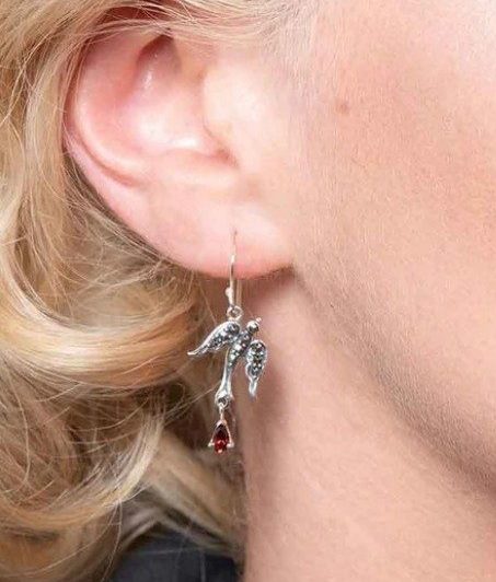 PARDON? $1RES STERLING SWALLOWS DANGLING RUBY EARRINGS Carousel 1