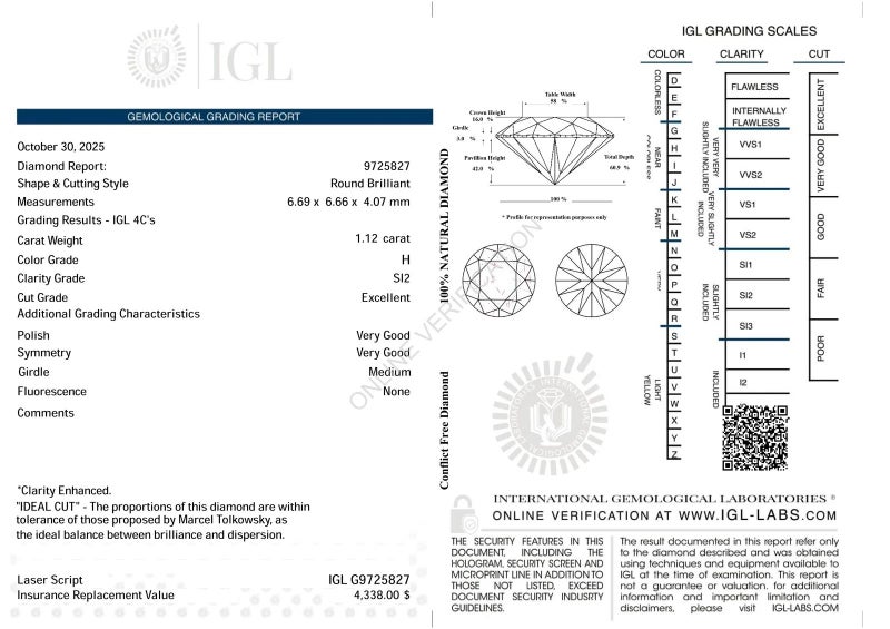 $1 RES * Valuation $7,512.00 * 1.12ct Round Large WHITE Diamond Loose IGL CERT Carousel 2