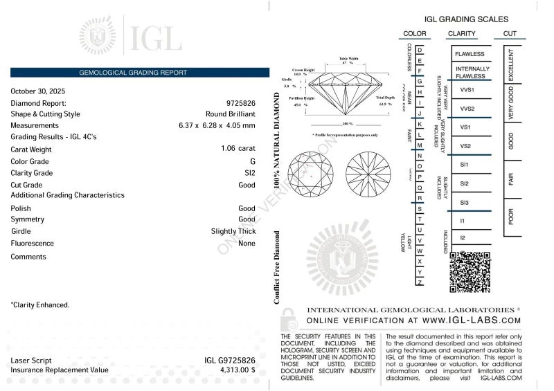 $1 RES * Valuation $7,467.00 * 1.06ct Round Large WHITE Diamond Loose IGL CERT Carousel 2
