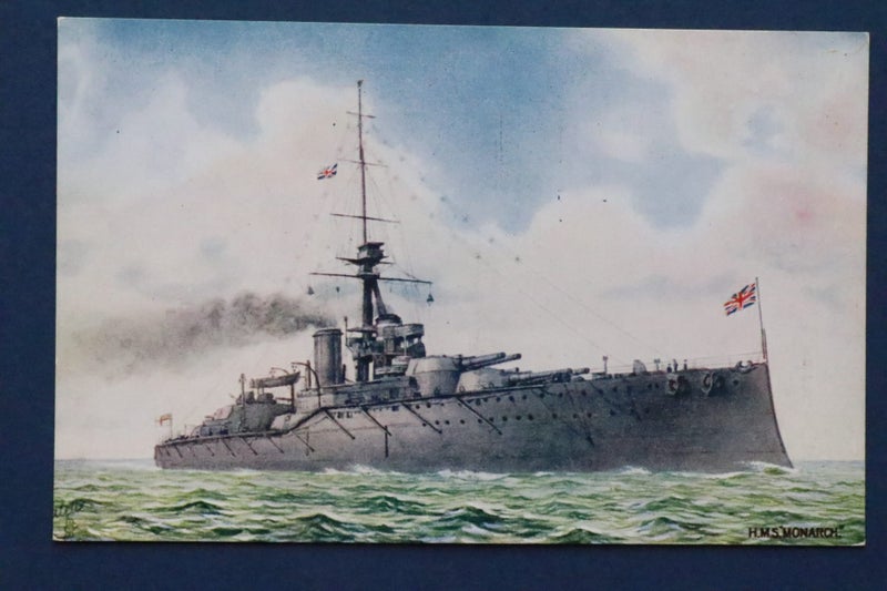 British Navy battleship: H.M.S. Monarch "Super Dreadnaught": ship postcard Carousel 1