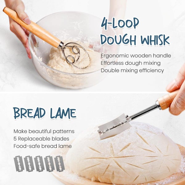 10 Inch Bread Banneton Proofing Basket Set with Dough Whisk Bread Lame Scraper Carousel 2