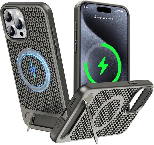 For iPhone 15 Pro (6.1") MagSafe Heat Dissipatio Case with Stand (Grey) Carousel 1