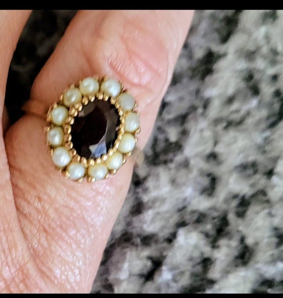 vintage 9ct gold garnet and seed pearl cluster ring. Carousel 1