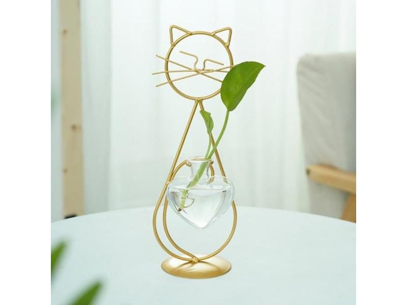 Hydroponic Glass Heart Vase With Metal Holder Hand Welded Lovely Cat Shape Vase Carousel 1