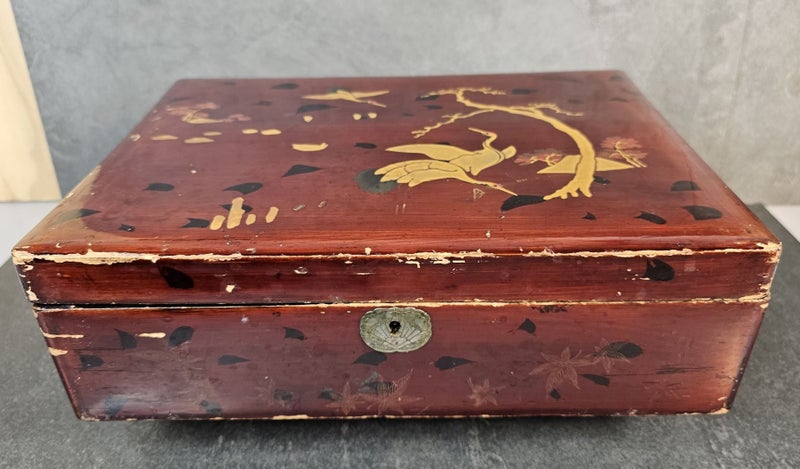 Circa. 1868-1912 Meiji Period Japanese Red Lacquer Box with Cranes on Branches. Carousel 1