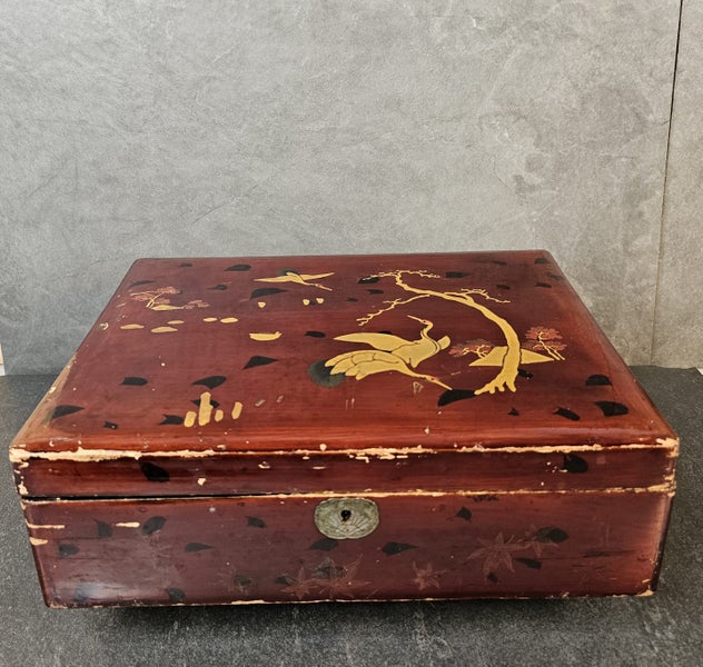 Circa. 1868-1912 Meiji Period Japanese Red Lacquer Box with Cranes on Branches. Carousel 2