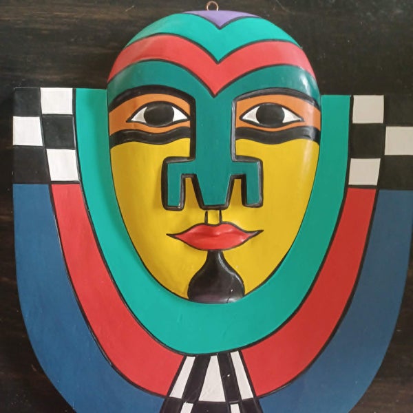RARE VINTAGE LAUREL BURCH TRIBAL FACE MASK POP ART WOOD WALL HANGING Carousel 2