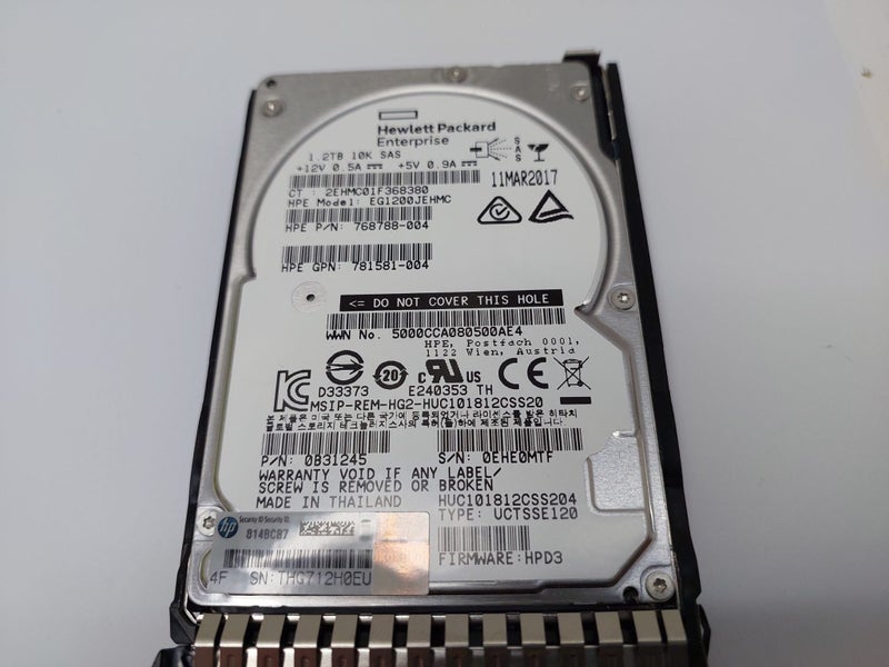 HP 1.2TB 10K SAS 2.5" SFF SAS HDD (HPE Model: EG001200JWJNQ) w/ G8/9/10 Caddy Carousel 2