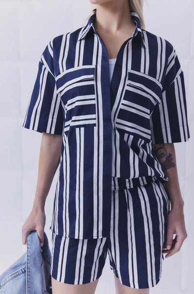 Decjuba D-Luxe Poplin Shirt + Shorts set White/Navy Stripe Carousel 2
