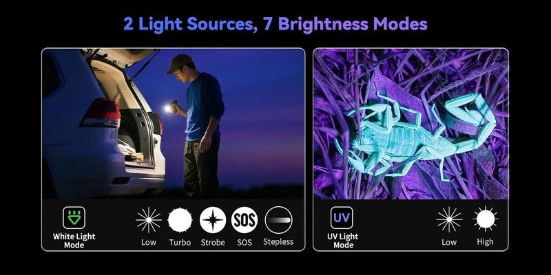 6500K Flashlight UV 365nm EDC Light 21700 USB C Rechargeable Dual Switch Torch Carousel 15