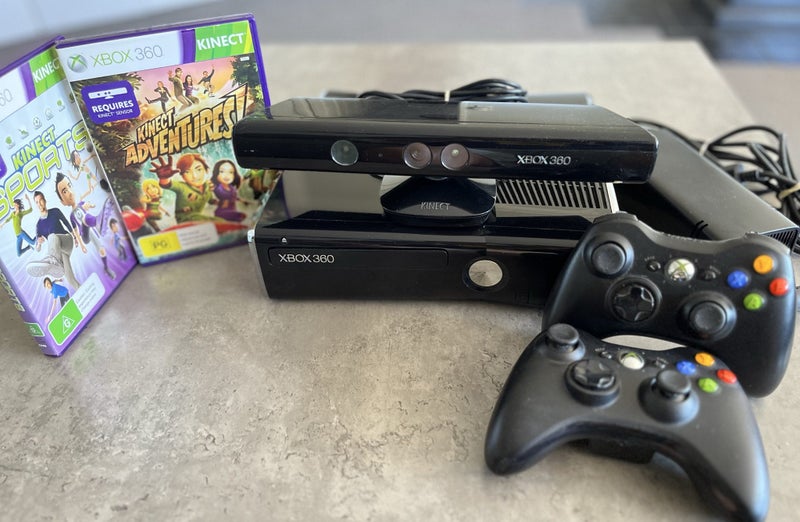 X-Box 360s Kinect x2 Controllers x2 games, genuine power pack. Carousel 1