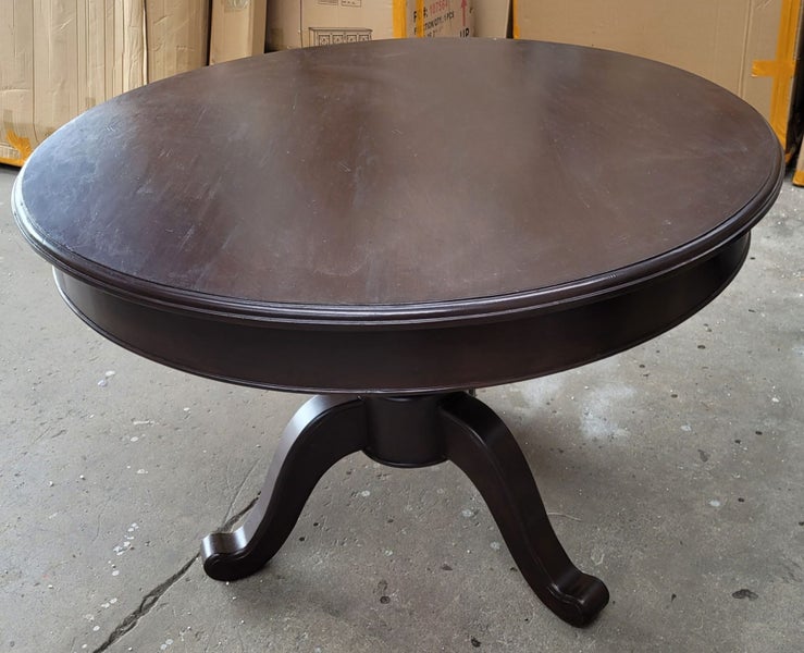 Ex-display round solid wood dining table rich chocolate stain dia 108cm Carousel 1