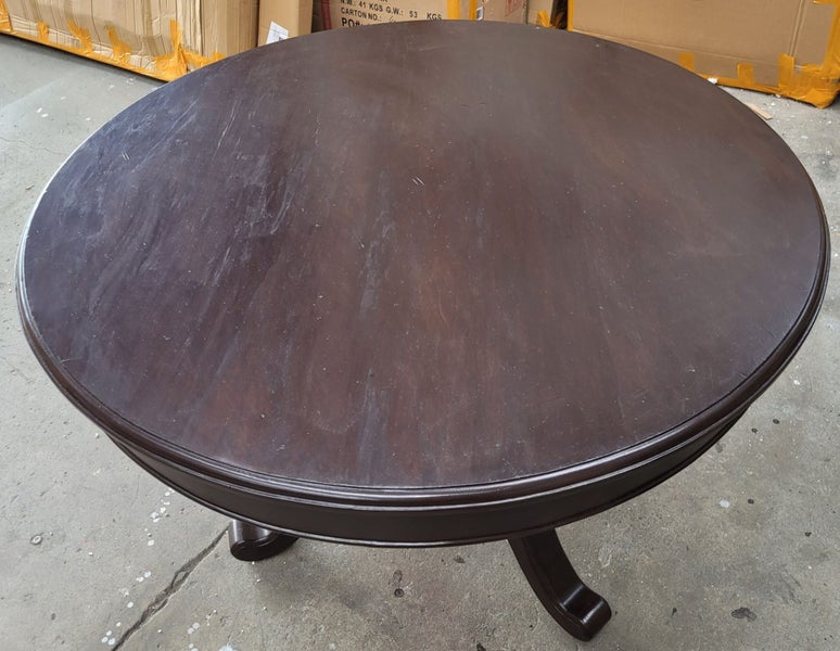 Ex-display round solid wood dining table rich chocolate stain dia 108cm Carousel 2