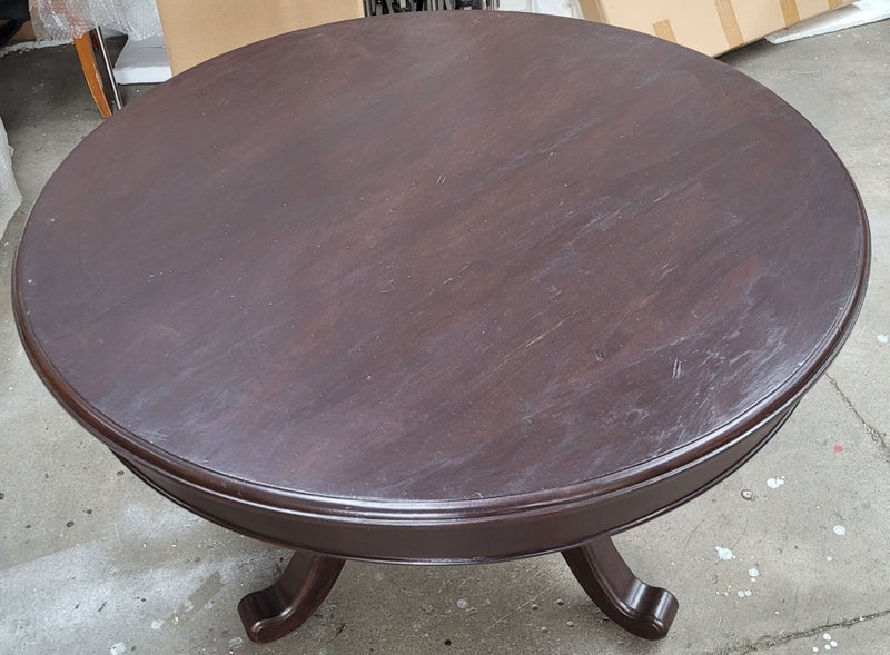 Ex-display round solid wood dining table rich chocolate stain dia 108cm Carousel 4