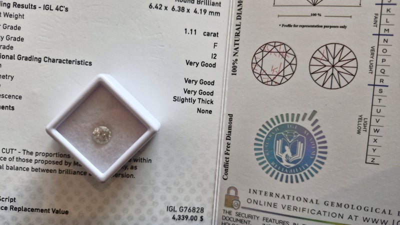 $1 RES * Valuation $7,526.00 * 1.11ct Round Large WHITE Diamond Loose IGL CERT Carousel 1