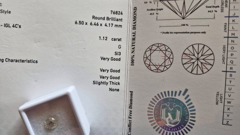 $1 RES * Valuation $14,032.00 * 1.12ct Round Large WHITE Diamond Loose IGL CERT Carousel 1