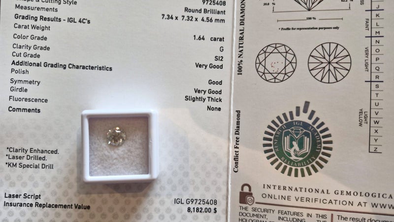 $1 RES * Valuation $14,177.00 * 1.64ct Round Large WHITE Diamond Loose IGL CERT Carousel 1