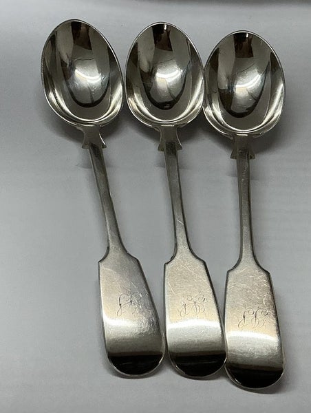 DATED 1886 - STERLING SILVER DESSERT SPOONS X 3 - FIDDLE PATTERN -