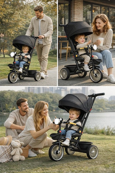 Kids Tricycle Folding Toddler Trike w/Adjustable Push Handle, Rotatable Seat Carousel 2