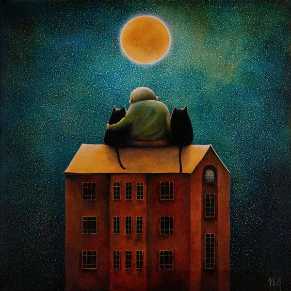 Man and Cats. Print on paper by Nick Fedaeff. Signed. Carousel 1