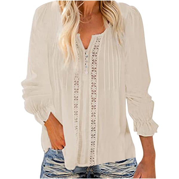 Women Long Sleeve Tops Lace Hollow Out T Shirt V Neck Cuff Sleeve Casual Tuni Carousel 1