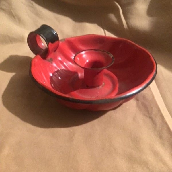 RED Enamel Candle Stick Holder Old Vintage TIDDLYWINK Willie Winky Chamber Stick Carousel 2