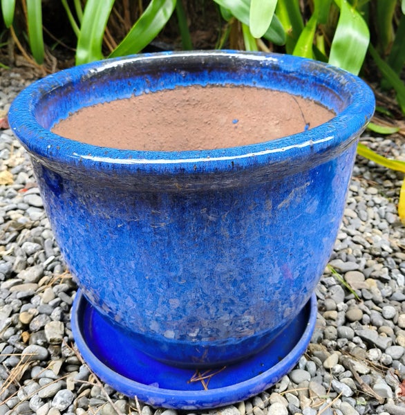 Large blue ceramic pot and base Carousel 1