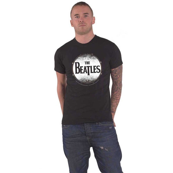 The Beatles T Shirt Drumskin Band Logo Vintage Design Official Mens Black Carousel 1