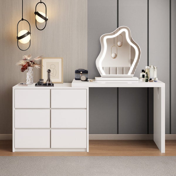 Vanity Dressing Table Dresser LED Lighted Makeup Mirror 6 Drawer Chest White Carousel 1
