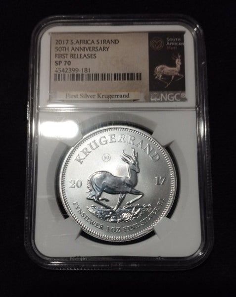 2017 S. AFRICA 50TH ANNIVERSARY MARK SP70 NGC 1OZ FINE SILVER KRUGERRAND Carousel 1