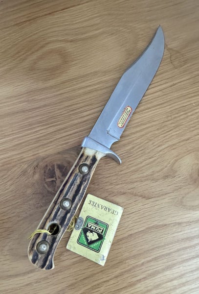 Puma 6396 Bowie Knife With Stag Handles Leather Sheath G/Y Box Carousel 1