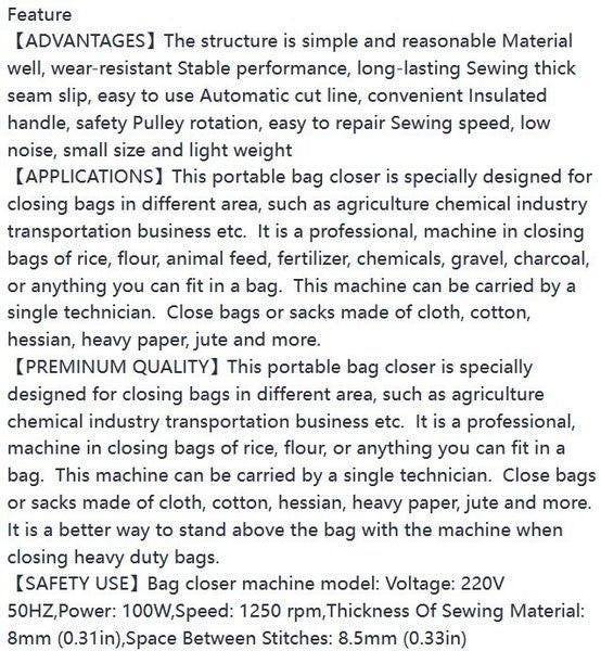 Electric Bag Closer Sewing Machine Portable Industrial Bag Stitcher with Threads Carousel 13