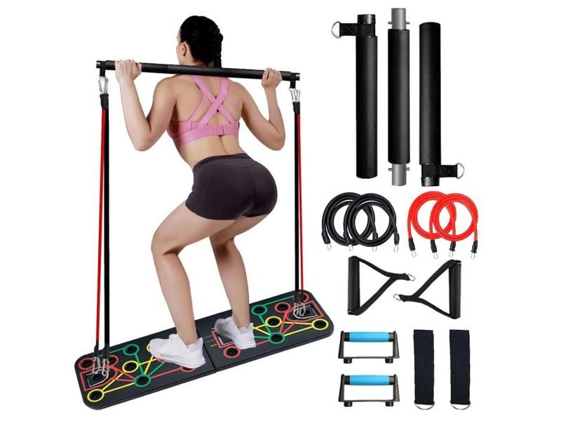 Foldable 160lbs Rubber Bands Deep Squat Bar ABS Push Up Stands Board Frames Carousel 1
