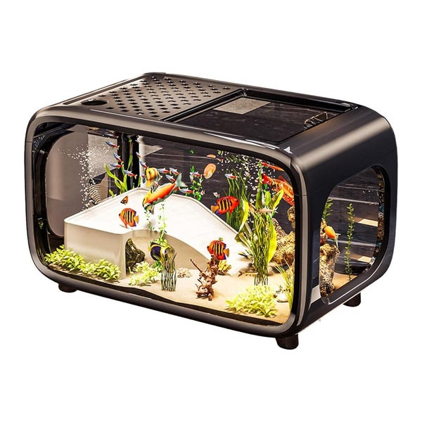 Black Modern Desktop Aquarium & Turtle Tank Panoramic Viewing Fish With Basking Carousel 1